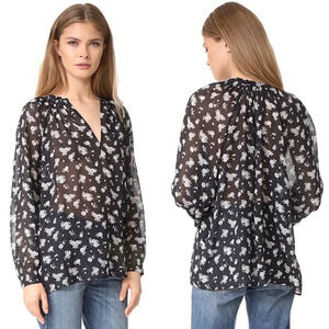 NWOT Vince Calico Floral Pleat Neck Silk Blouse Blue Casual Women’s Medium